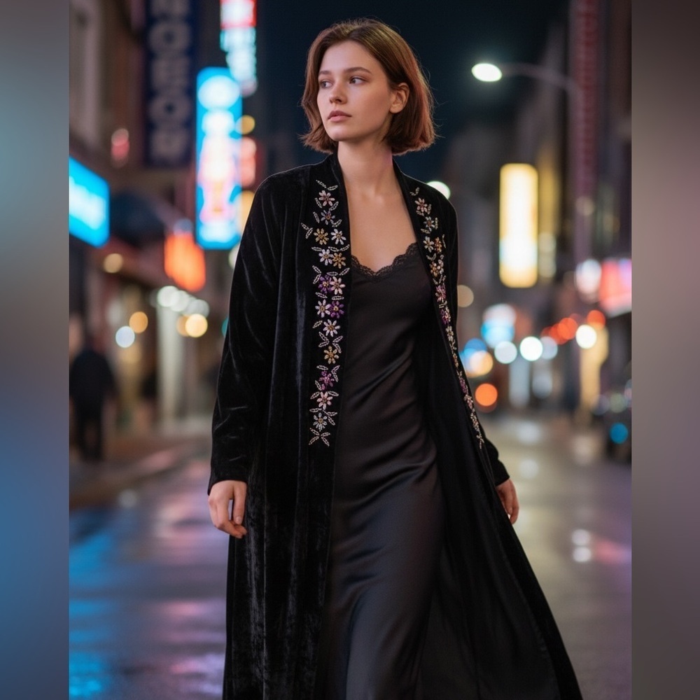 April Cornell Velvet Bead-Embroidered Open-Front Coat